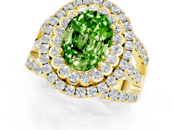 Yellow gold Double Halo Oval Cut Diamond Split Shank Pave Set Ring