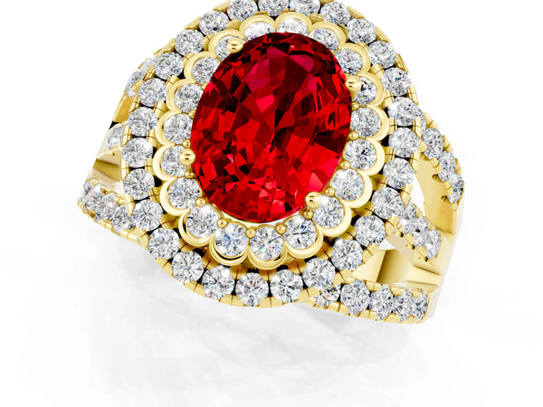 Yellow gold Double Halo Oval Cut Diamond Split Shank Pave Set Ring