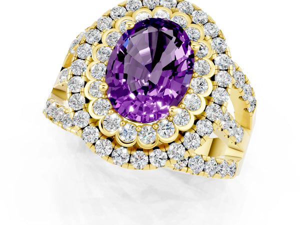 Yellow gold Oval Cut Amethyst Double Halo Ring with Round Pavé Split Shank and Prong Setting