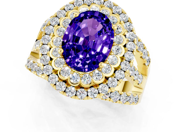 Yellow gold Oval Cut Tanzanite Double Halo Ring with Round Pavé Split Shank and Prong Setting