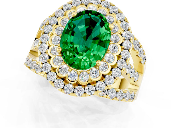 Yellow gold Oval Cut Emerald Double Halo Ring with Round Pavé Split Shank and Prong Setting