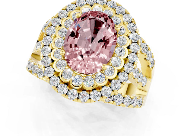 Yellow gold Double Halo Oval Cut Diamond Split Shank Pave Set Ring