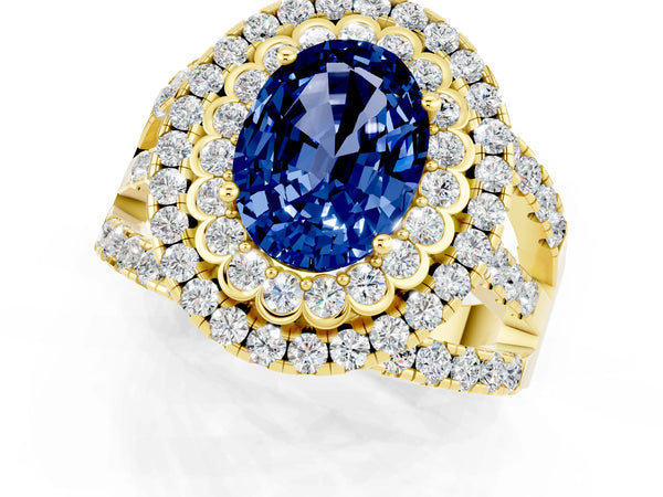 Yellow gold Double Halo Oval Cut Diamond Split Shank Pave Set Ring