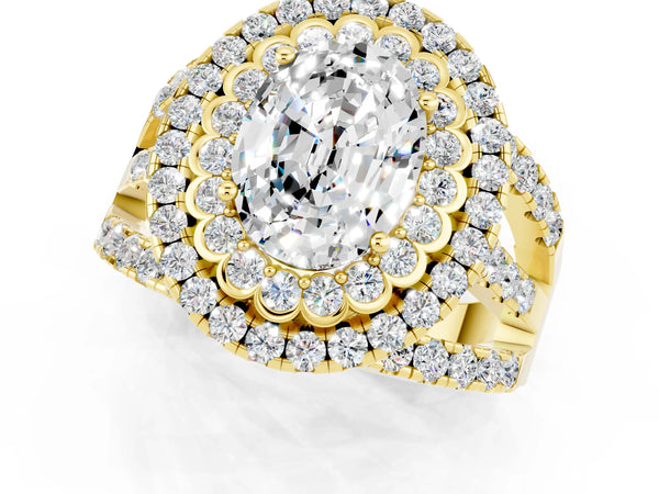 Yellow gold Oval Cut Moissanite Double Halo Ring with Round Pavé Split Shank and Prong Setting