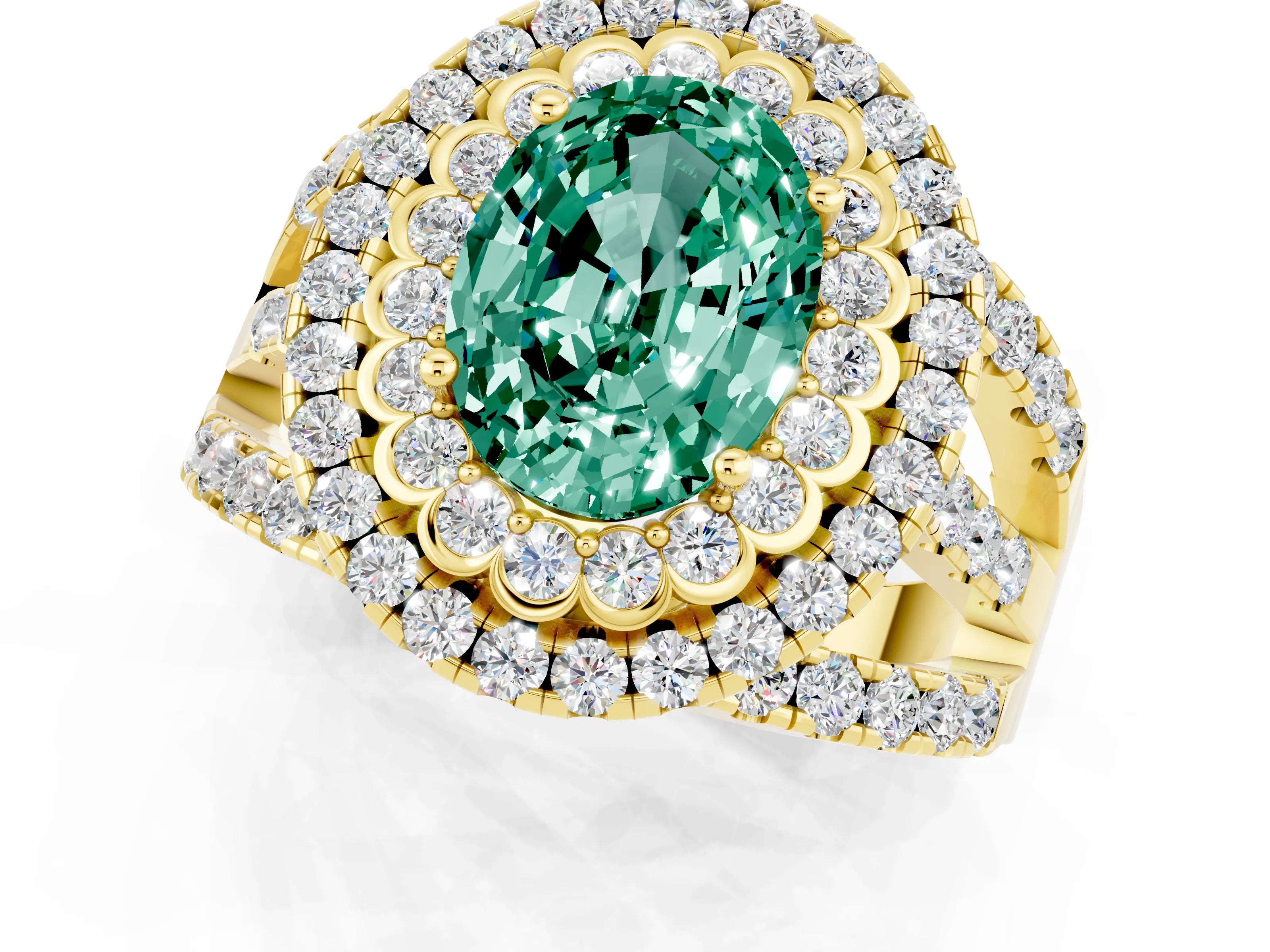 Yellow gold Double Halo Oval Cut Diamond Split Shank Pave Set Ring_1
