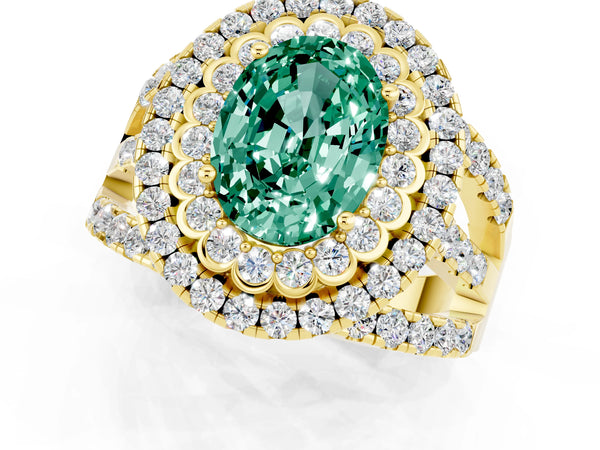 Yellow gold Oval Cut Green Sapphire Double Halo Ring with Round Pavé Split Shank and Prong Setting