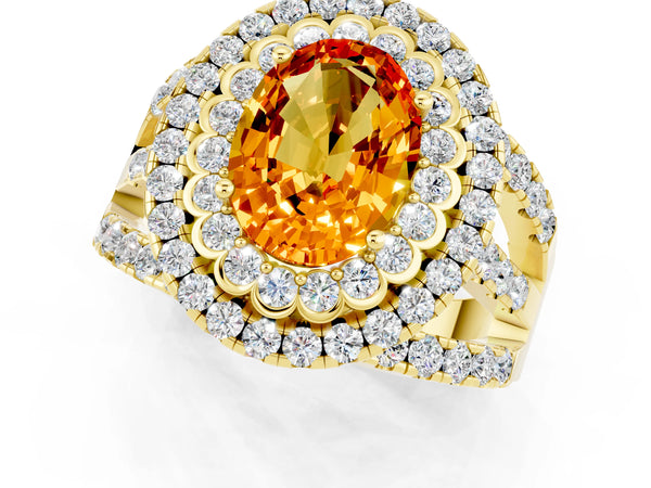 Yellow gold Oval Cut Citrine Double Halo Ring with Round Pavé Split Shank and Prong Setting