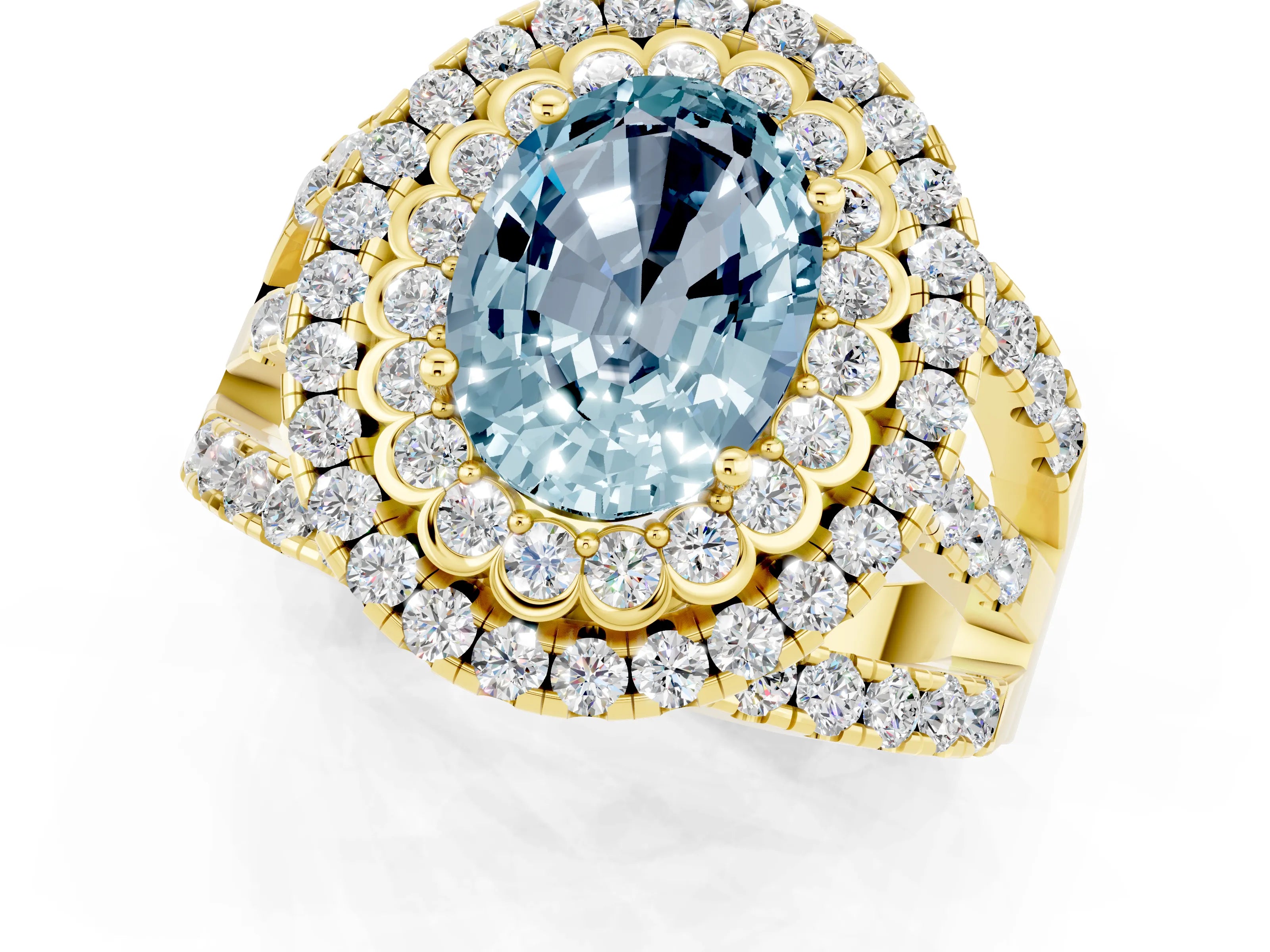 Yellow gold Double Halo Oval Cut Diamond Split Shank Pave Set Ring_1