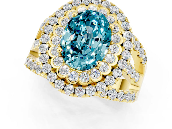 Yellow gold Double Halo Oval Cut Diamond Split Shank Pave Set Ring