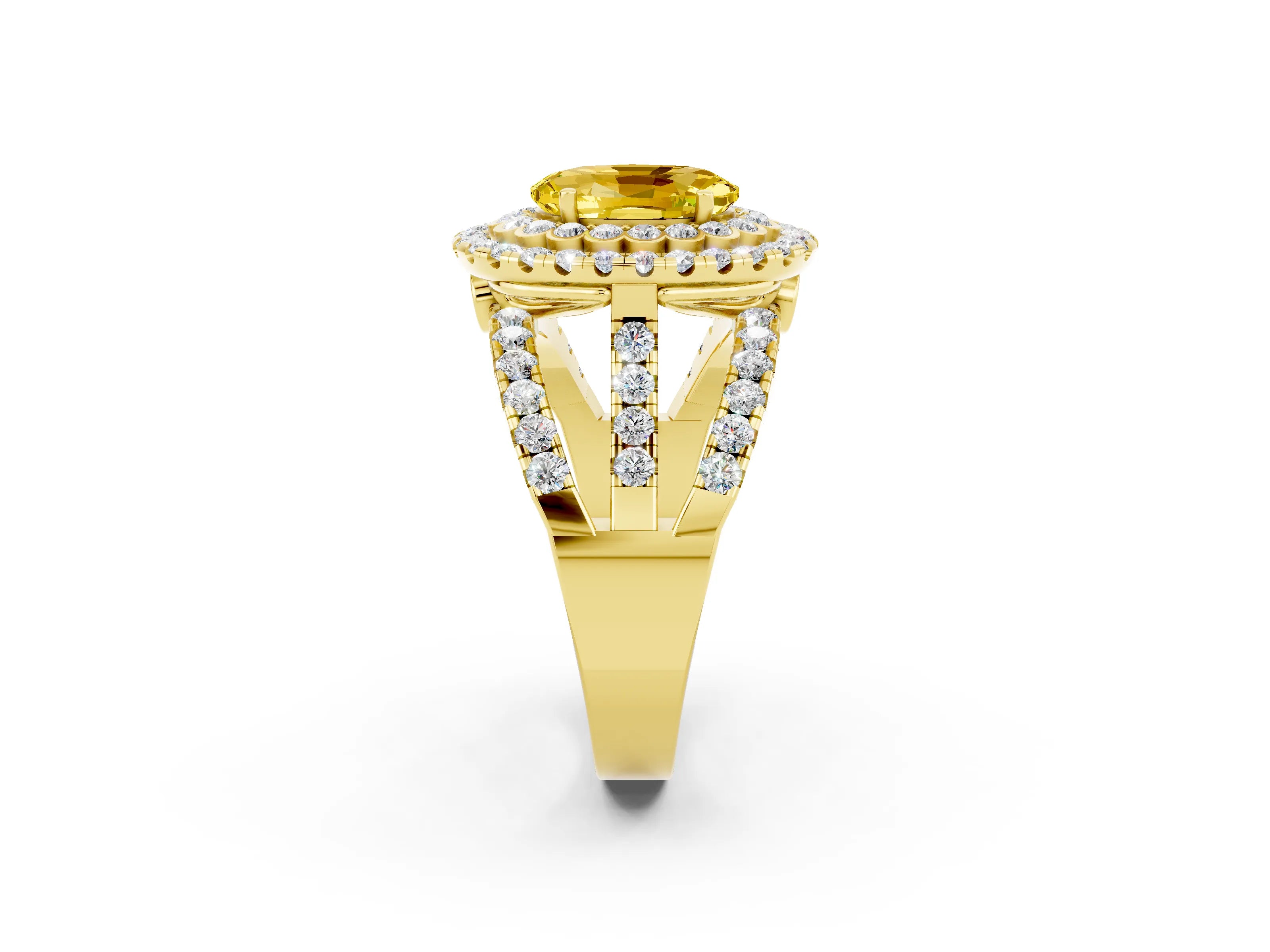 Yellow gold Double Halo Oval Cut Diamond Split Shank Pave Set Ring_2
