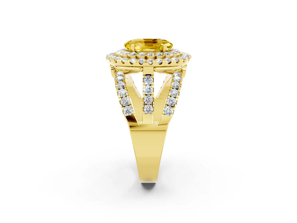 Yellow gold Oval Cut Yellow Sapphire Double Halo Ring with Round Pavé Split Shank and Prong Setting