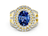 Yellow gold Double Halo Oval Cut Diamond Split Shank Pave Set Ring
