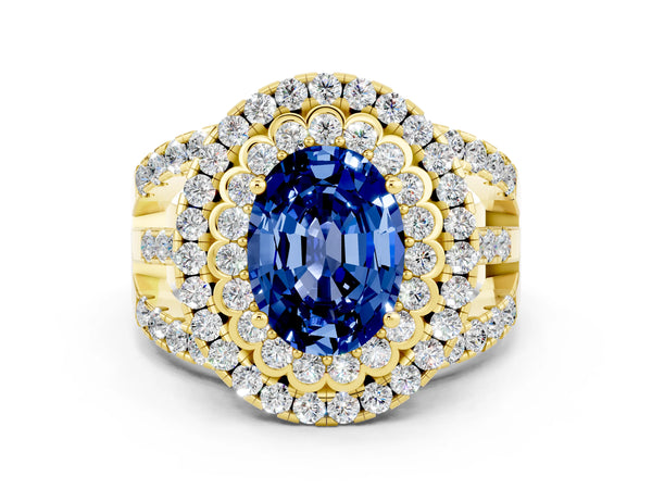 Yellow gold Double Halo Oval Cut Diamond Split Shank Pave Set Ring