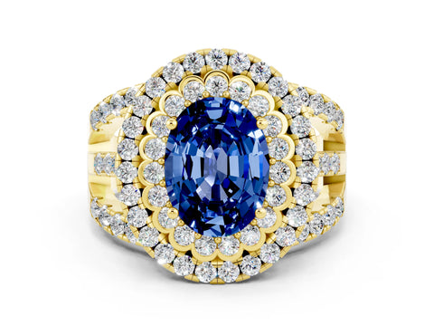 Yellow gold Double Halo Oval Cut Diamond Split Shank Pave Set Ring
