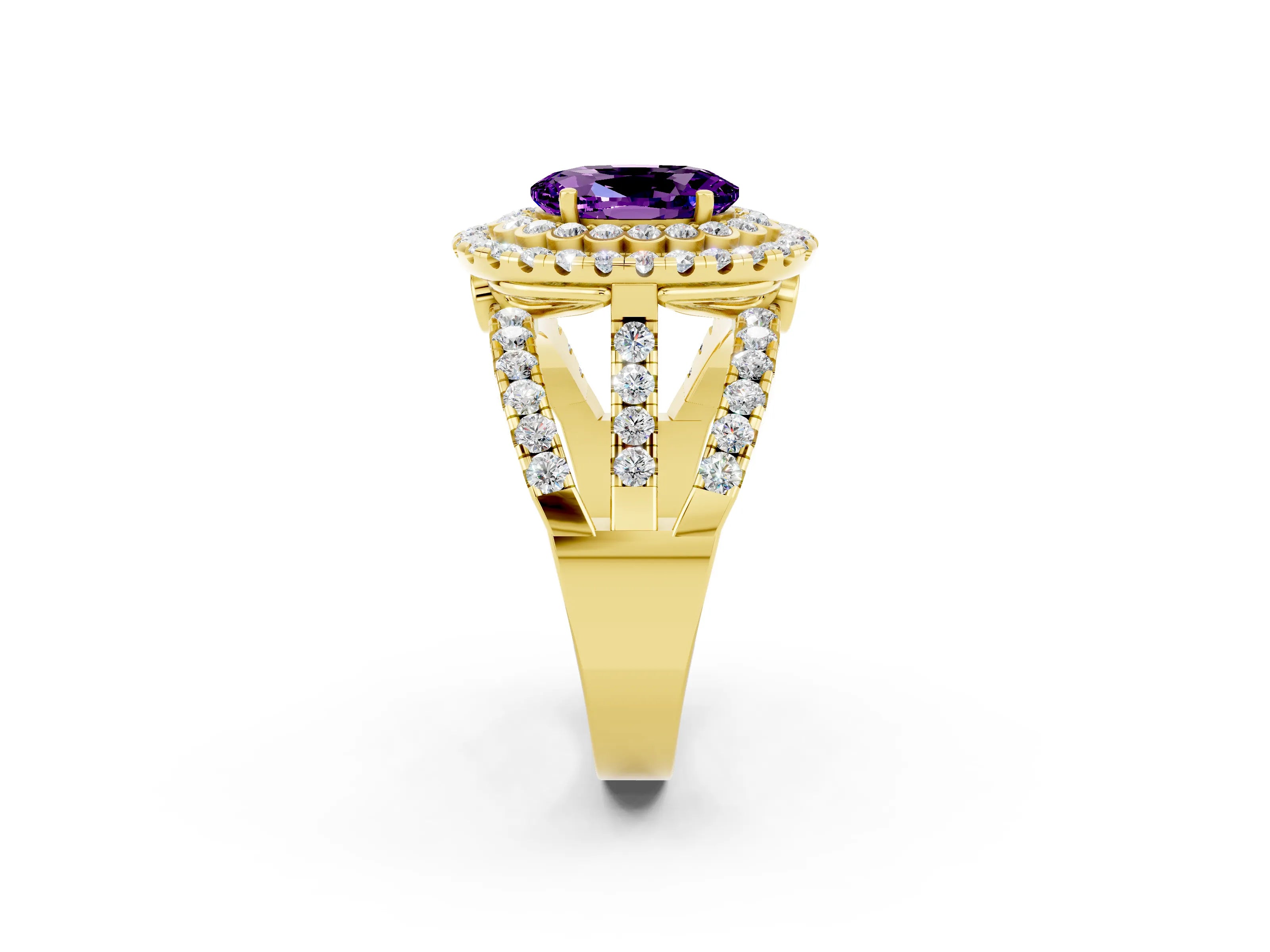 Yellow gold Double Halo Oval Cut Diamond Split Shank Pave Set Ring_2