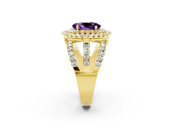 Yellow gold Oval Cut Amethyst Double Halo Ring with Round Pavé Split Shank and Prong Setting