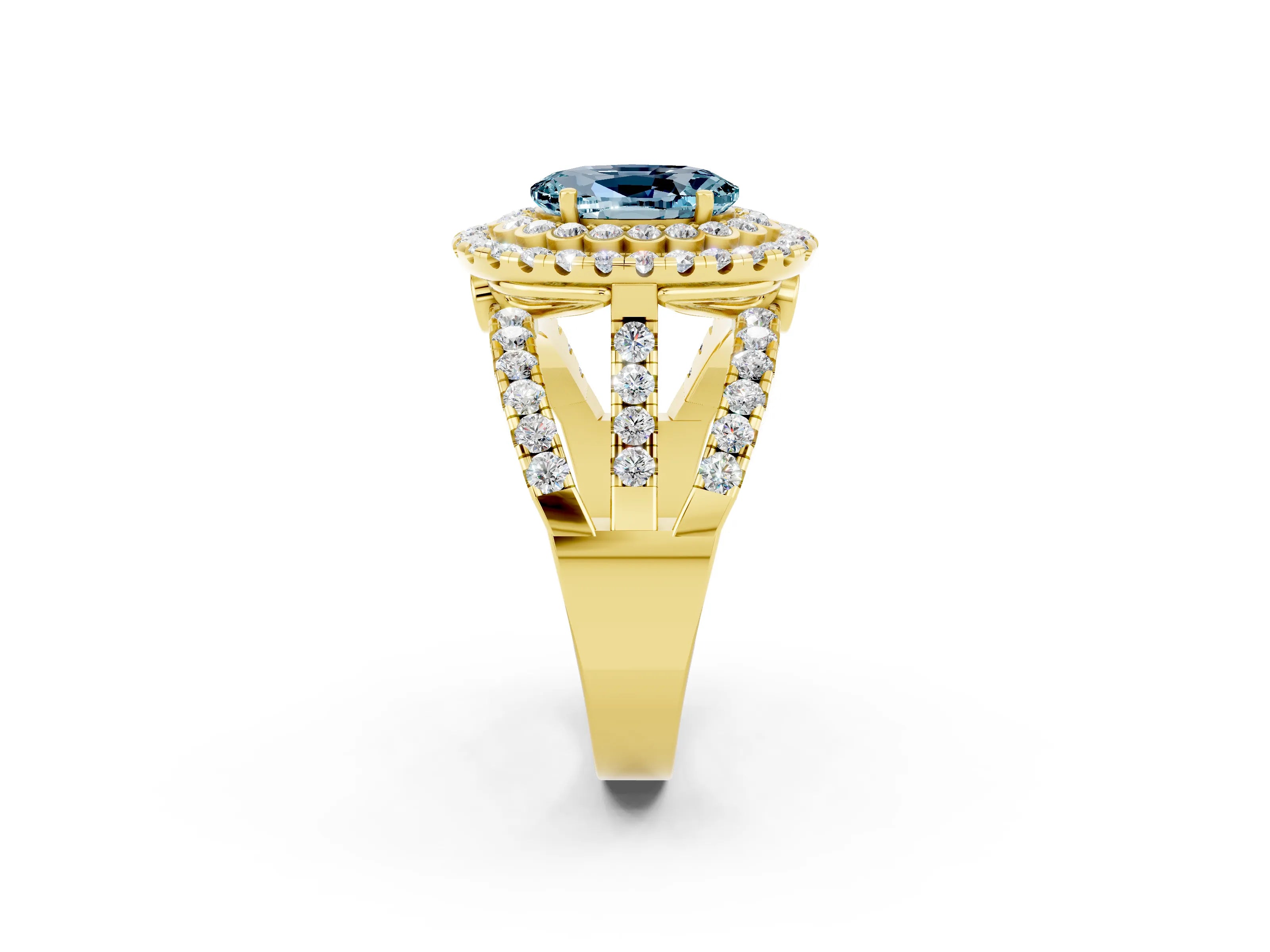 Yellow gold Double Halo Oval Cut Diamond Split Shank Pave Set Ring_2
