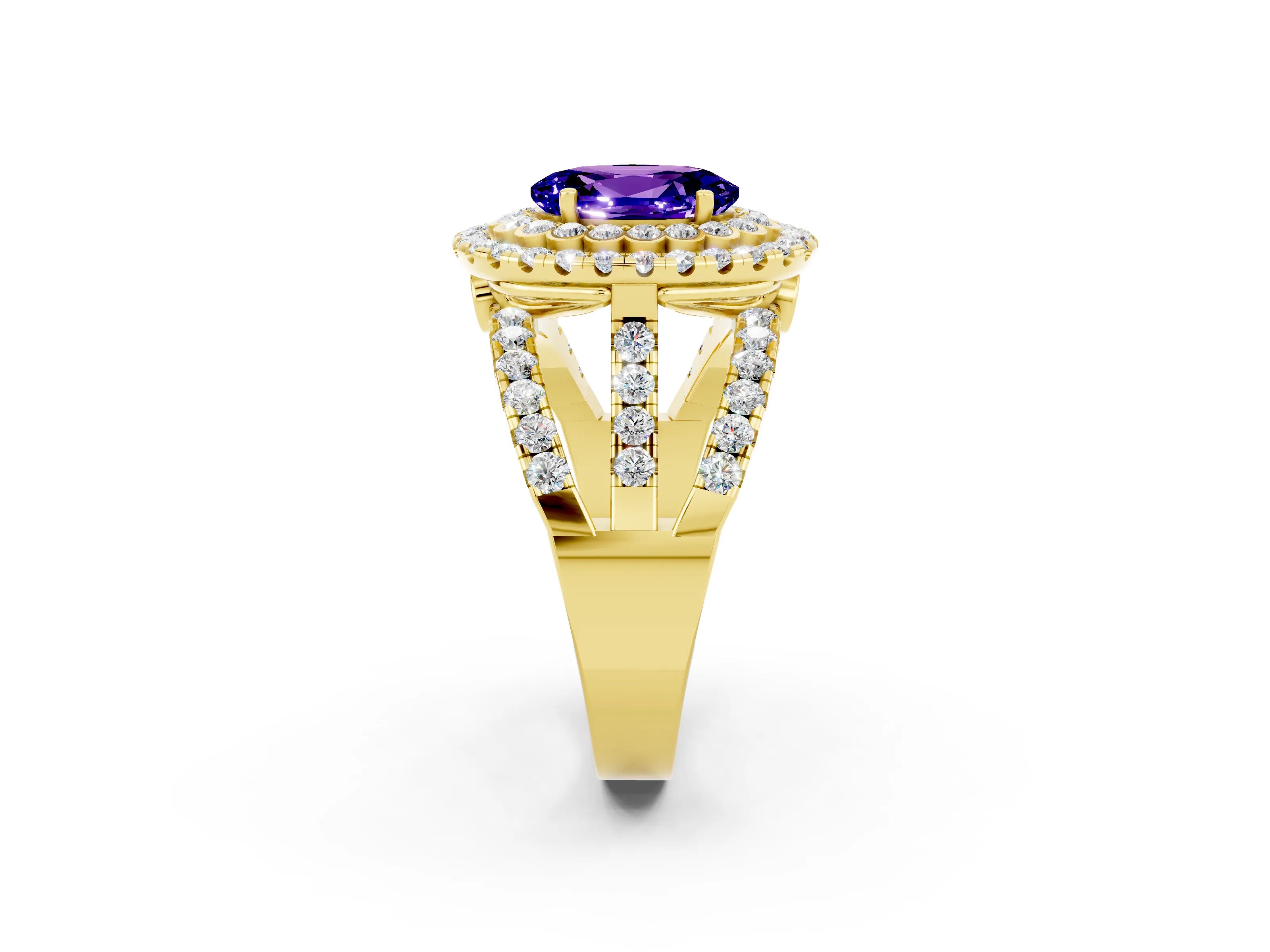 Yellow gold Double Halo Oval Cut Diamond Split Shank Pave Set Ring_2