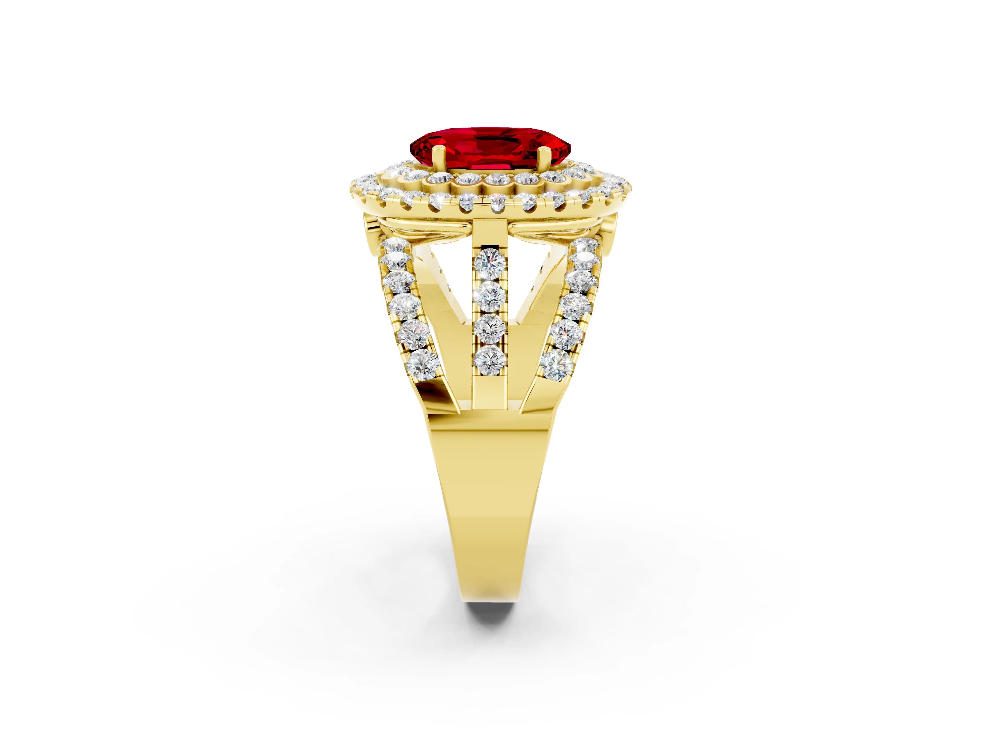 Yellow gold Double Halo Oval Cut Diamond Split Shank Pave Set Ring_2