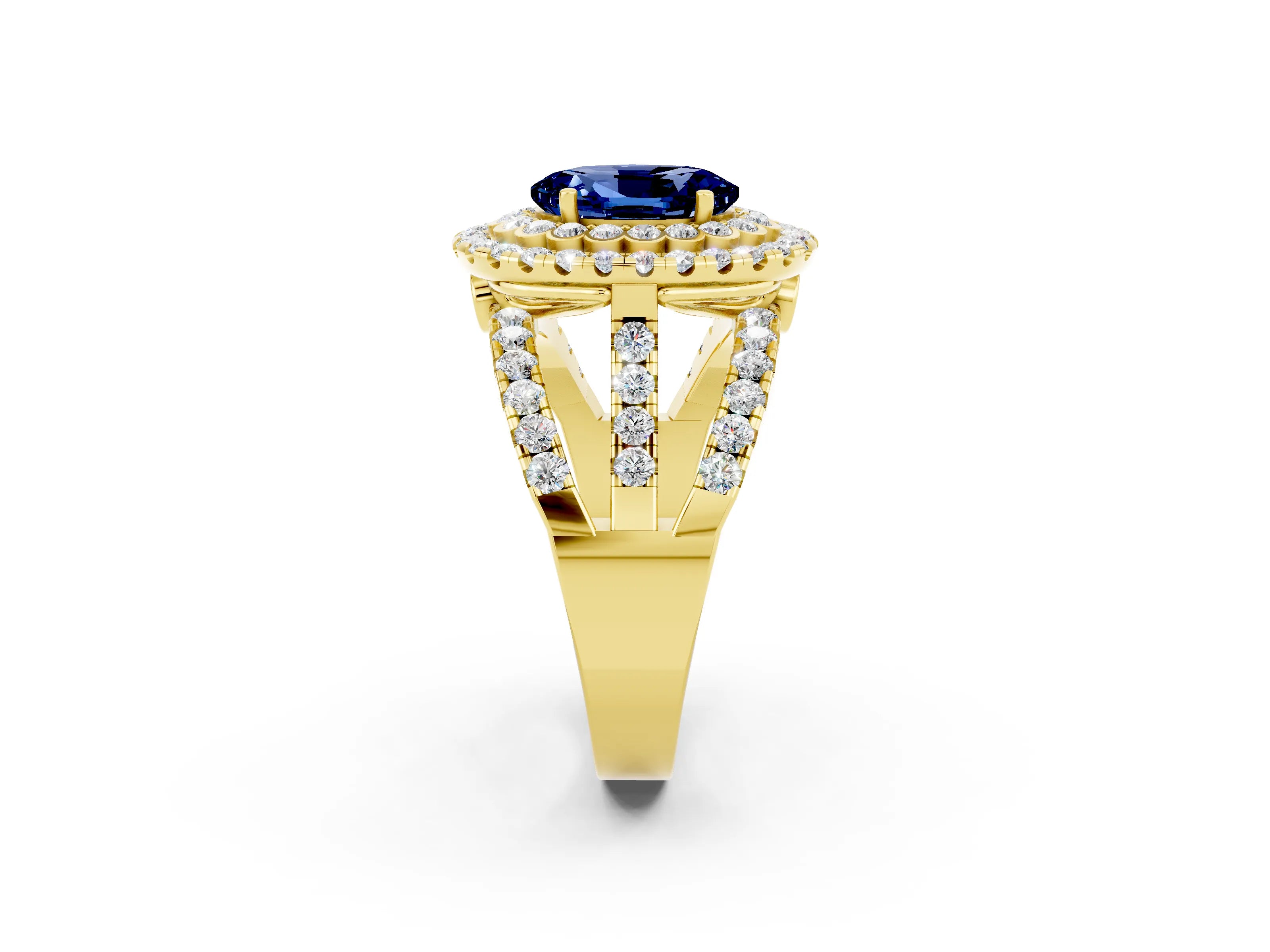 Yellow gold Double Halo Oval Cut Diamond Split Shank Pave Set Ring_2