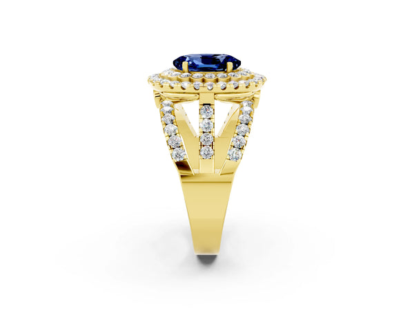 Yellow gold Double Halo Oval Cut Diamond Split Shank Pave Set Ring