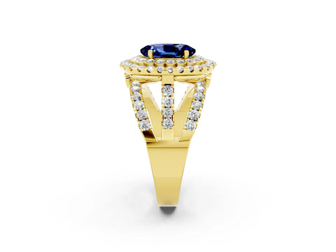 Yellow gold Double Halo Oval Cut Diamond Split Shank Pave Set Ring_2