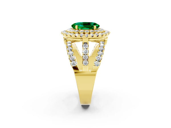 Yellow gold Oval Cut Emerald Double Halo Ring with Round Pavé Split Shank and Prong Setting