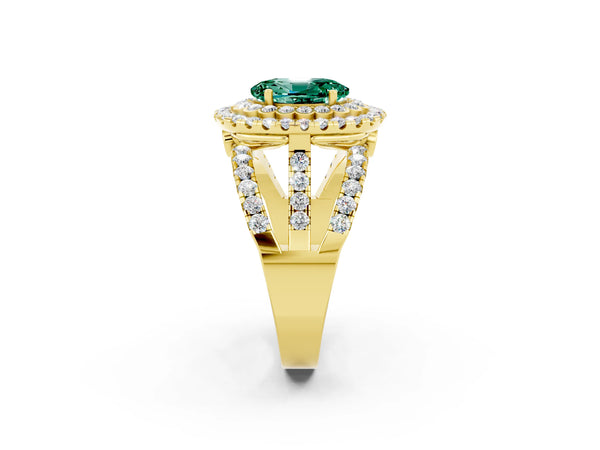 Yellow gold Oval Cut Green Sapphire Double Halo Ring with Round Pavé Split Shank and Prong Setting