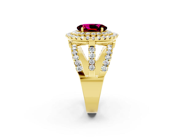 Yellow gold Oval Cut Garnet Double Halo Ring with Round Pavé Split Shank and Prong Setting