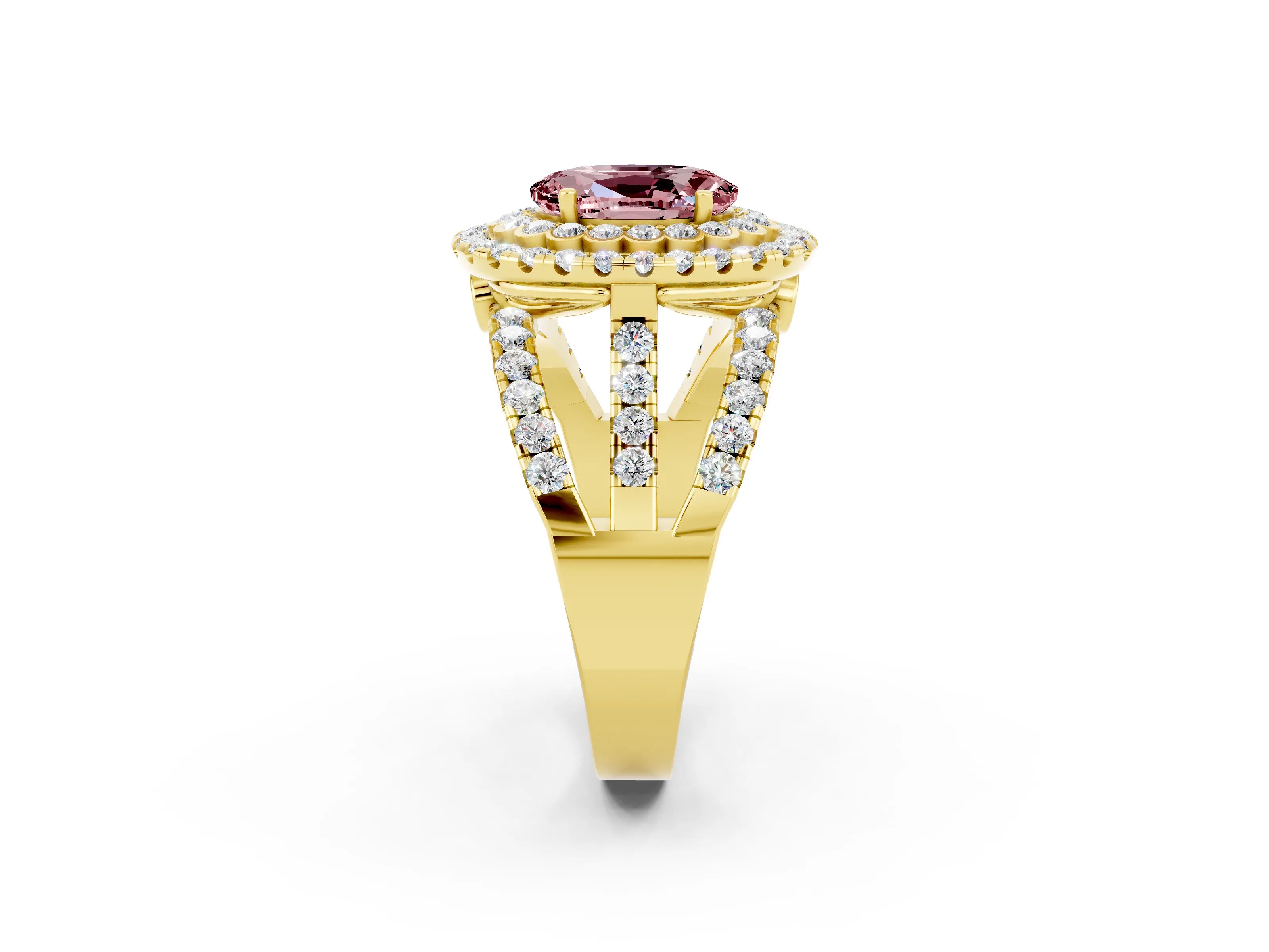 Yellow gold Double Halo Oval Cut Diamond Split Shank Pave Set Ring_2