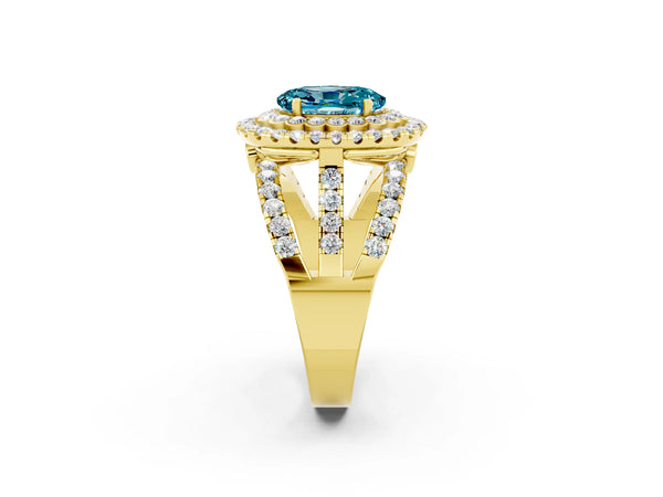 Yellow gold Double Halo Oval Cut Diamond Split Shank Pave Set Ring