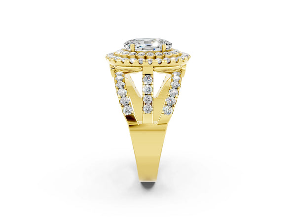 Yellow gold Oval Cut Moissanite Double Halo Ring with Round Pavé Split Shank and Prong Setting