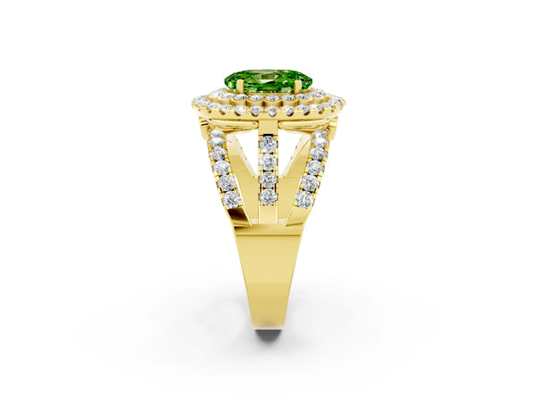 Yellow gold Double Halo Oval Cut Diamond Split Shank Pave Set Ring