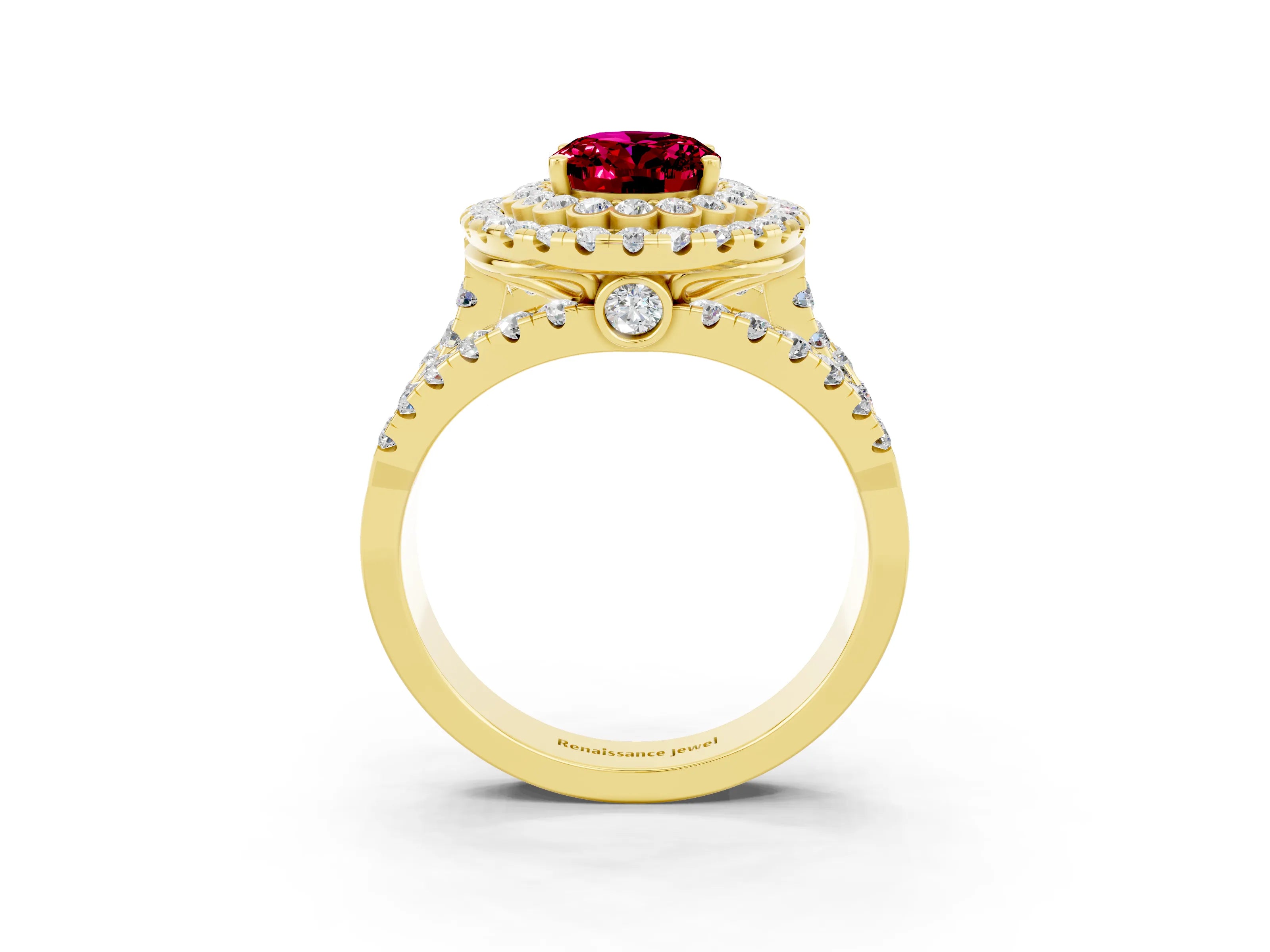 Yellow gold Double Halo Oval Cut Diamond Split Shank Pave Set Ring_3