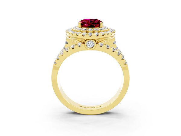 Yellow gold Oval Cut Garnet Double Halo Ring with Round Pavé Split Shank and Prong Setting