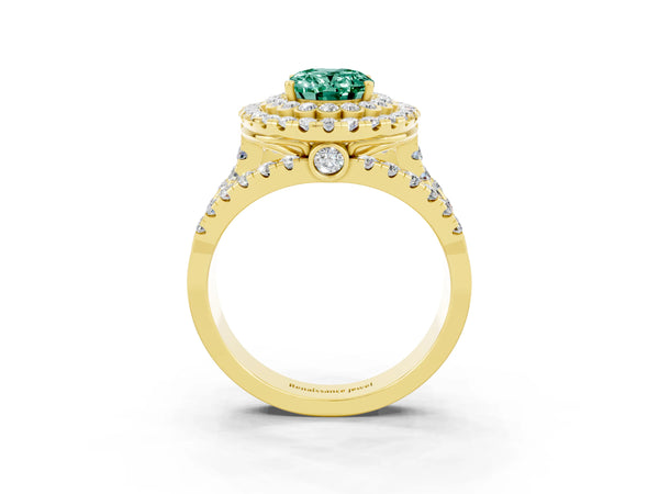 Yellow gold Oval Cut Green Sapphire Double Halo Ring with Round Pavé Split Shank and Prong Setting