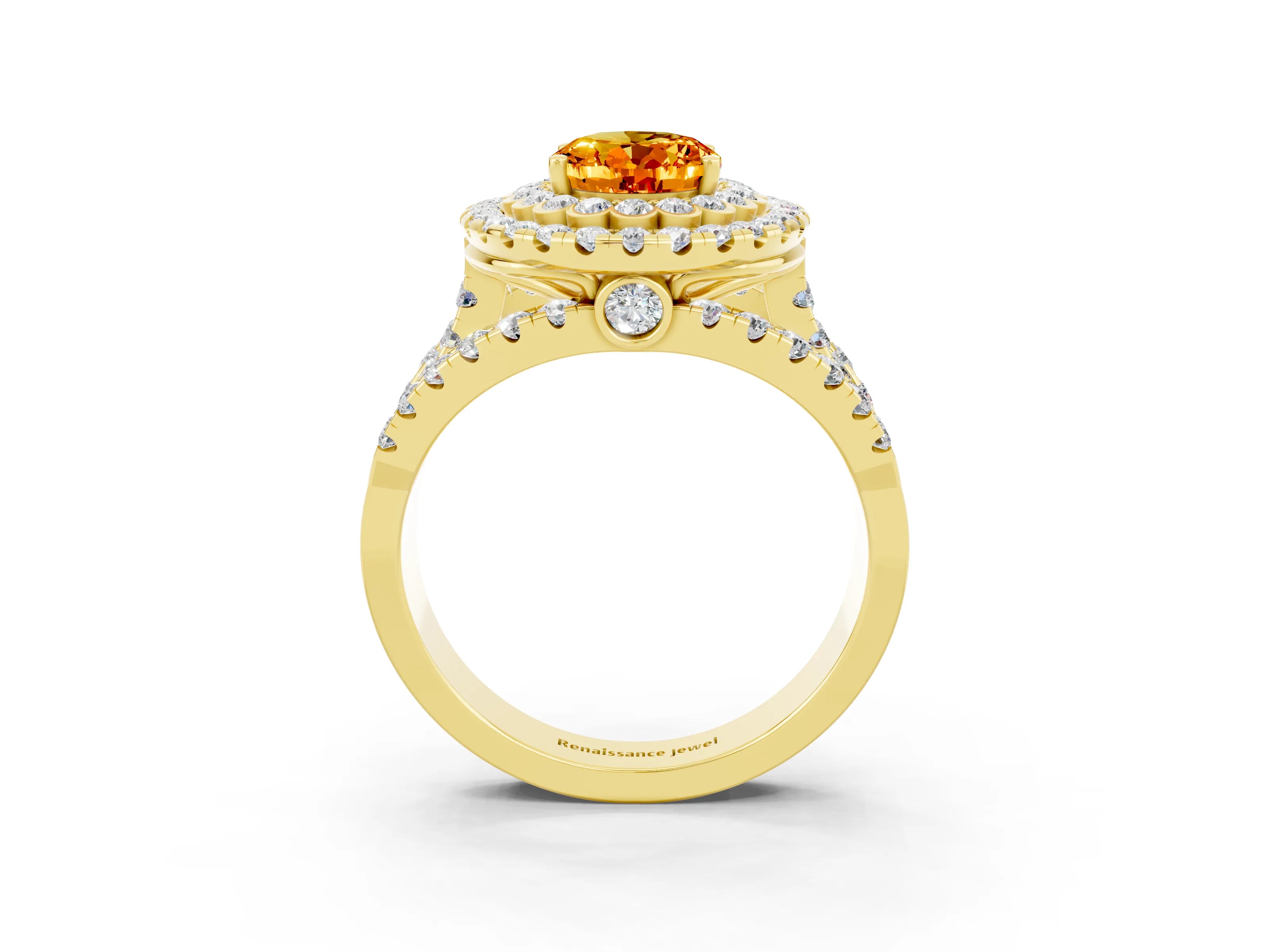 Yellow gold Double Halo Oval Cut Diamond Split Shank Pave Set Ring_3