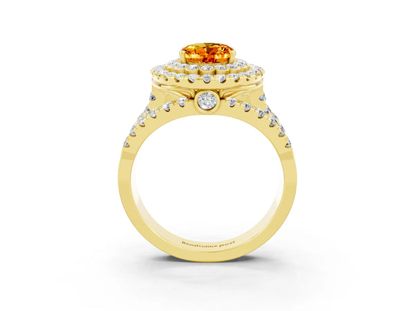 Yellow gold Oval Cut Citrine Double Halo Ring with Round Pavé Split Shank and Prong Setting