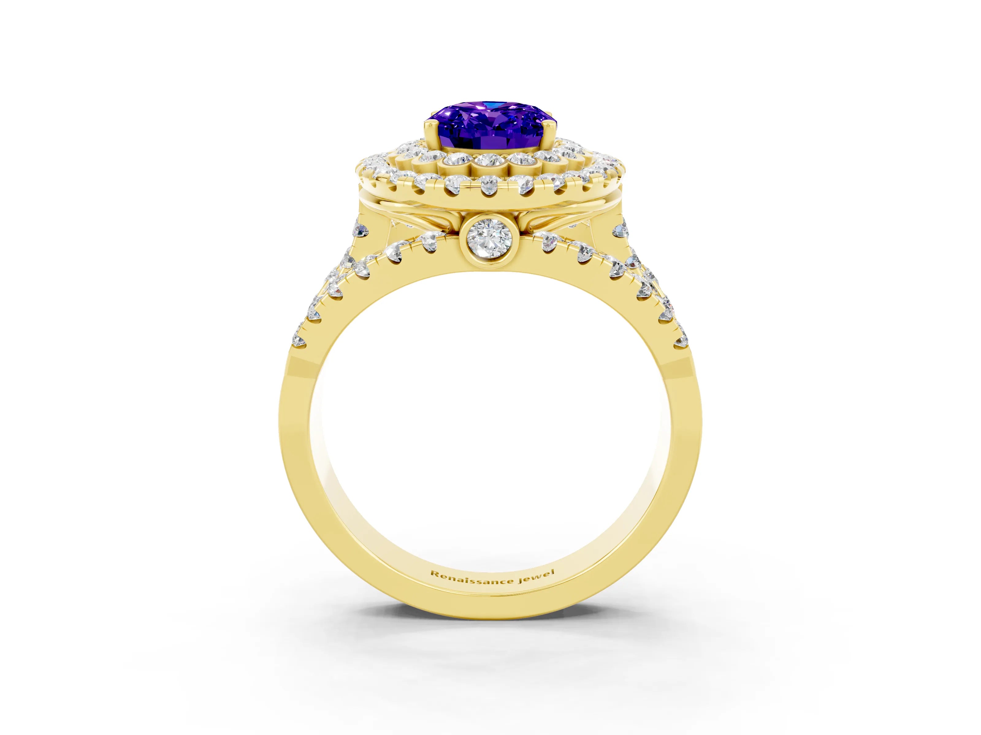 Yellow gold Double Halo Oval Cut Diamond Split Shank Pave Set Ring_3