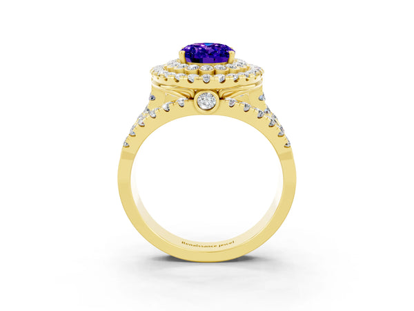 Yellow gold Oval Cut Tanzanite Double Halo Ring with Round Pavé Split Shank and Prong Setting