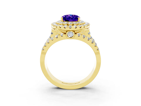 Yellow gold Double Halo Oval Cut Diamond Split Shank Pave Set Ring_3