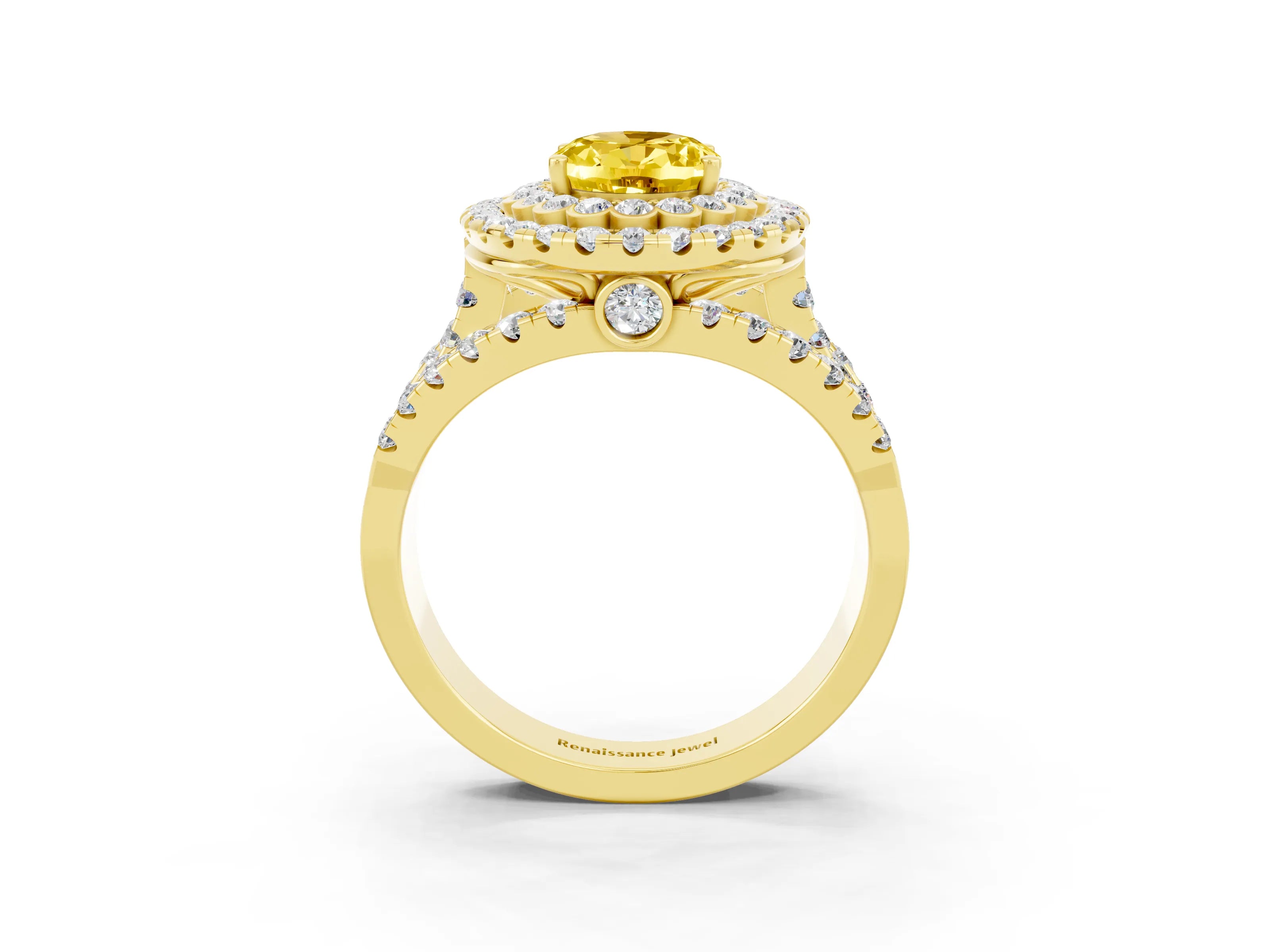 Yellow gold Double Halo Oval Cut Diamond Split Shank Pave Set Ring_3