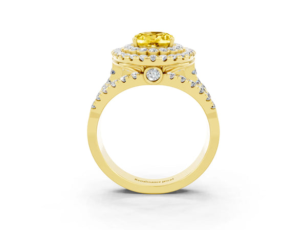 Yellow gold Oval Cut Yellow Sapphire Double Halo Ring with Round Pavé Split Shank and Prong Setting