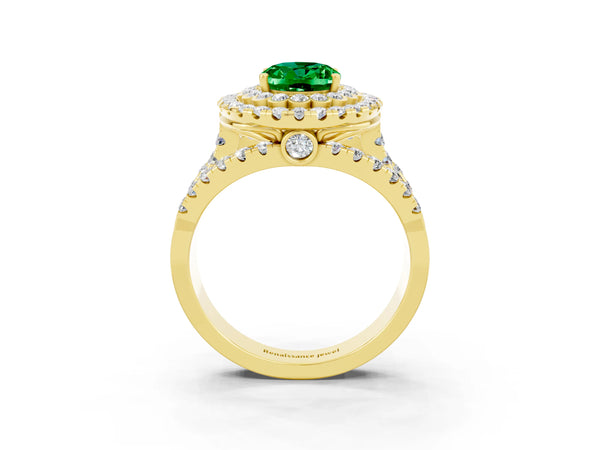 Yellow gold Oval Cut Emerald Double Halo Ring with Round Pavé Split Shank and Prong Setting