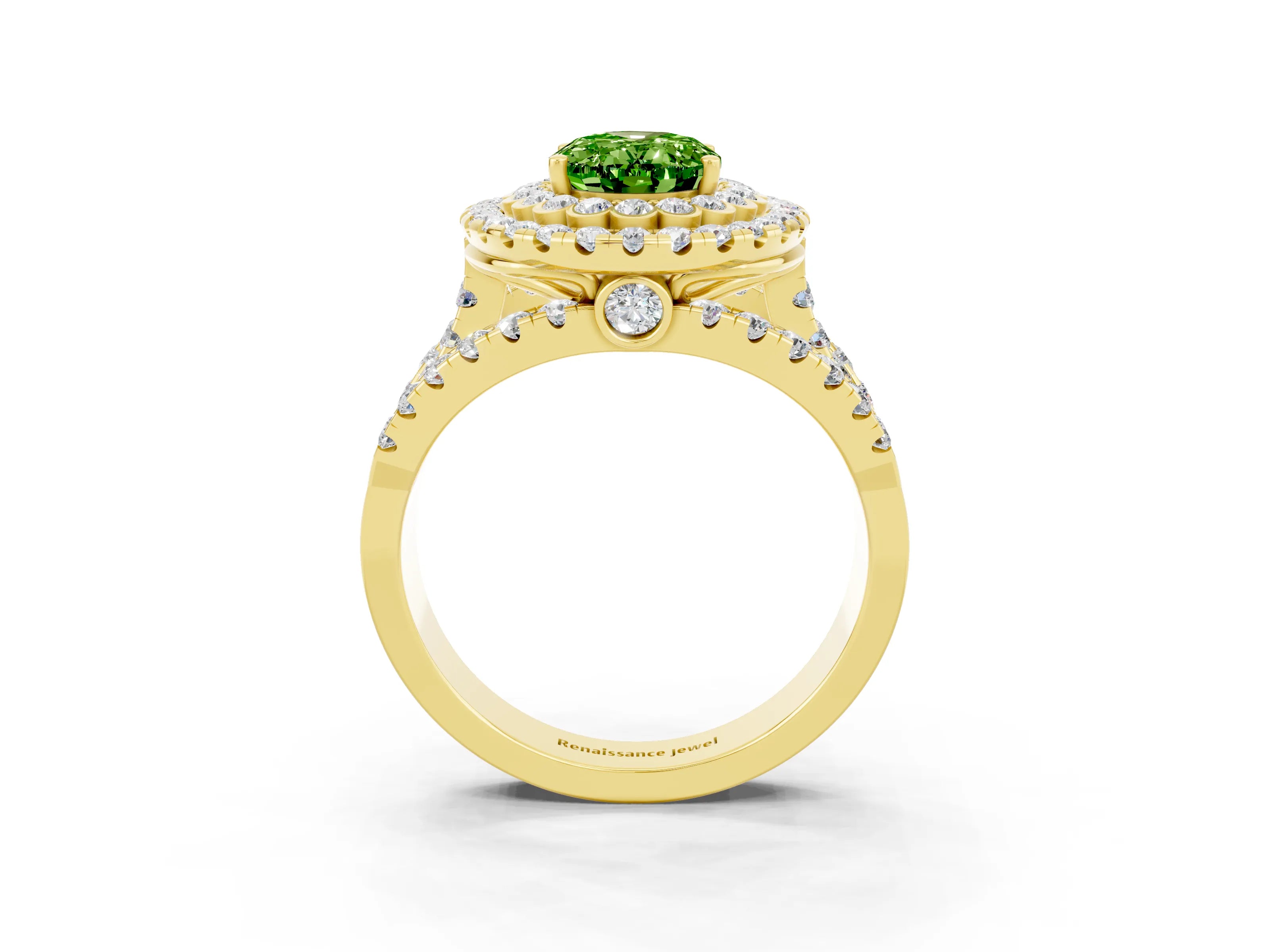 Yellow gold Double Halo Oval Cut Diamond Split Shank Pave Set Ring_3