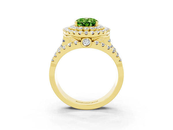 Yellow gold Double Halo Oval Cut Diamond Split Shank Pave Set Ring