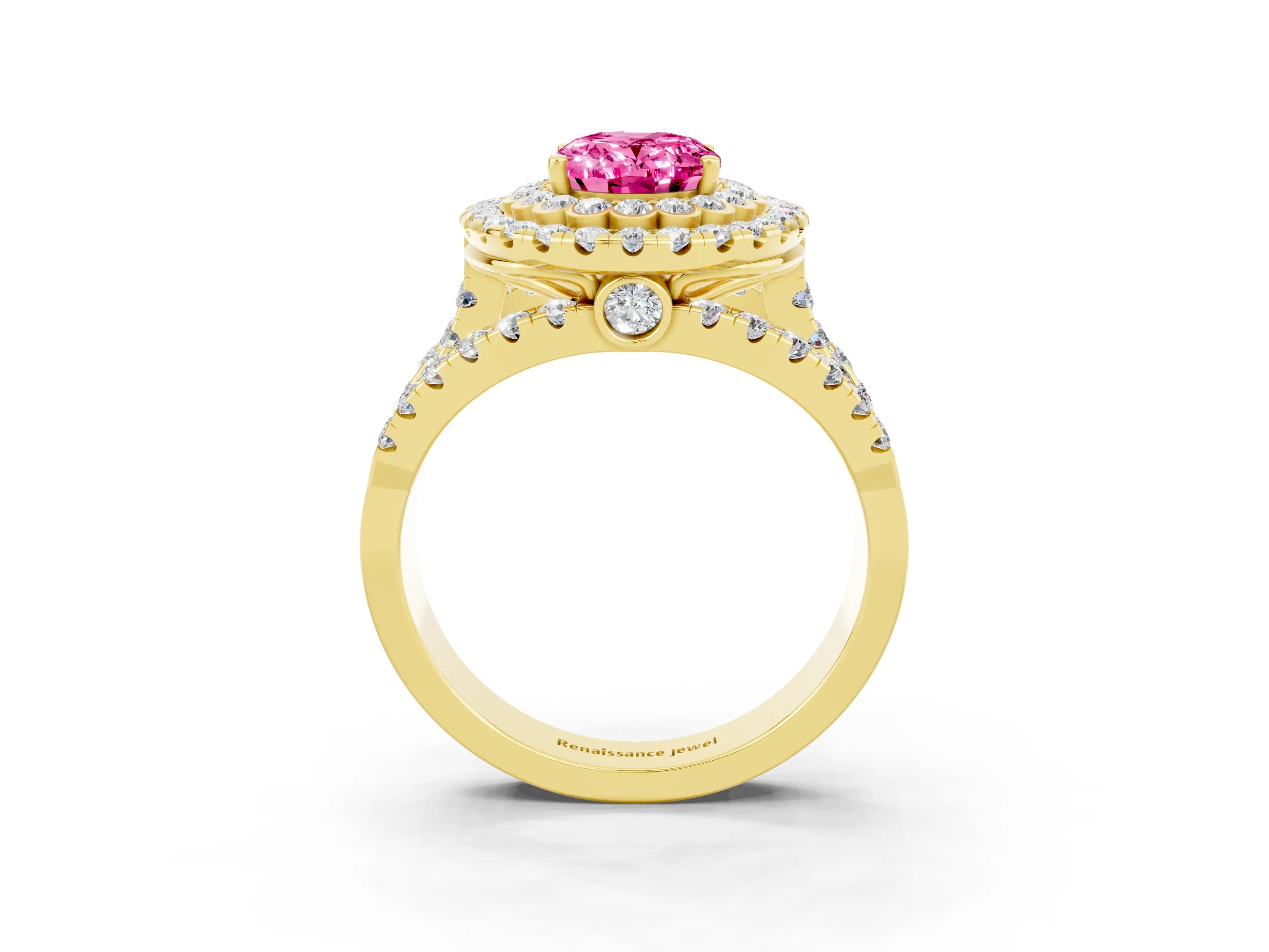 Yellow gold Double Halo Oval Cut Diamond Split Shank Pave Set Ring_3