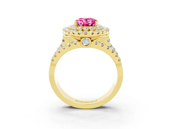 Yellow Gold Oval Lab-Grown Pink Sapphire Scalloped Double Halo Engagement Ring with Pave Split Shank