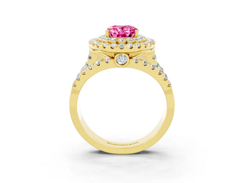 Yellow gold Double Halo Oval Cut Diamond Split Shank Pave Set Ring_3