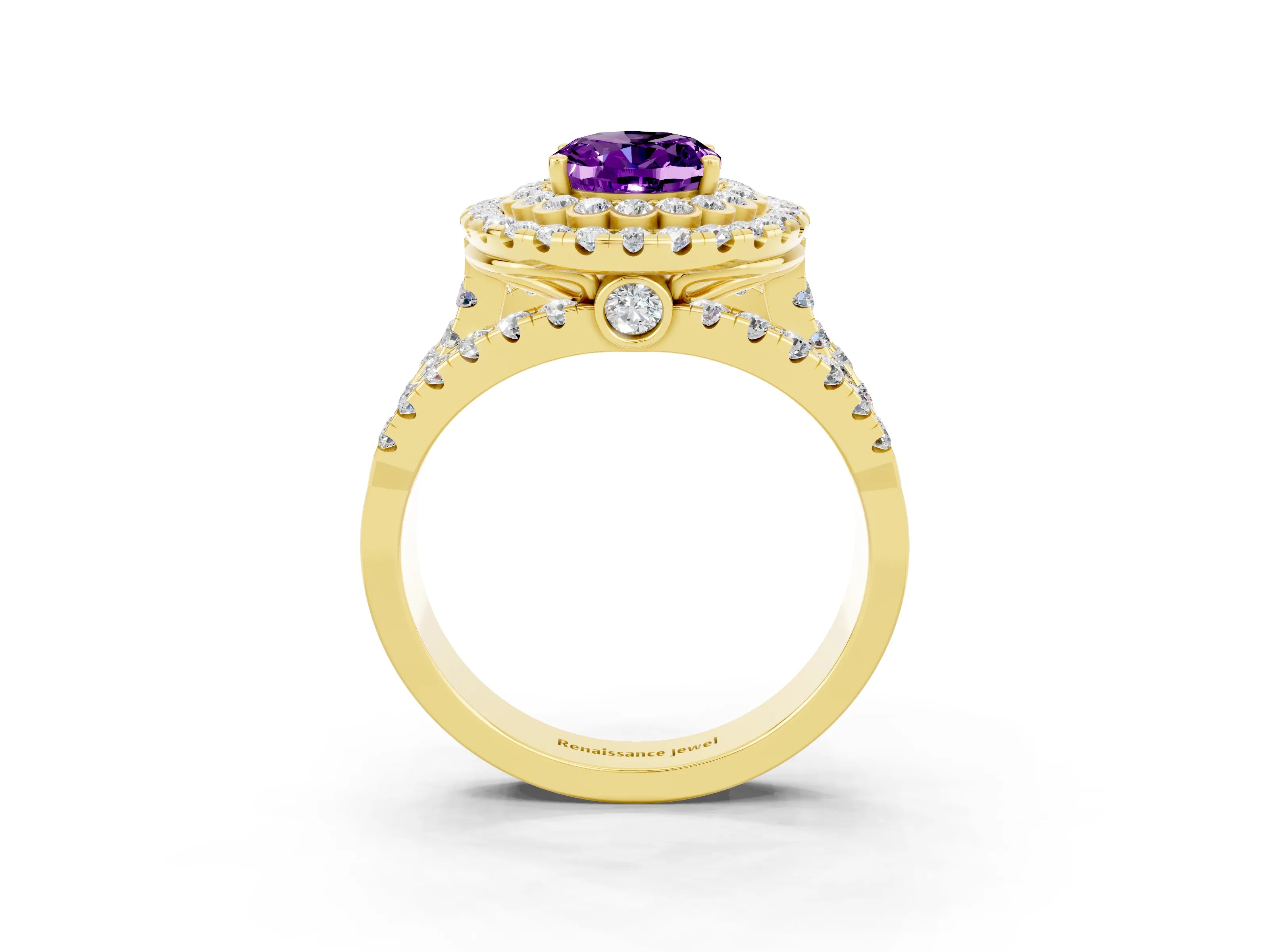 Yellow gold Double Halo Oval Cut Diamond Split Shank Pave Set Ring_3